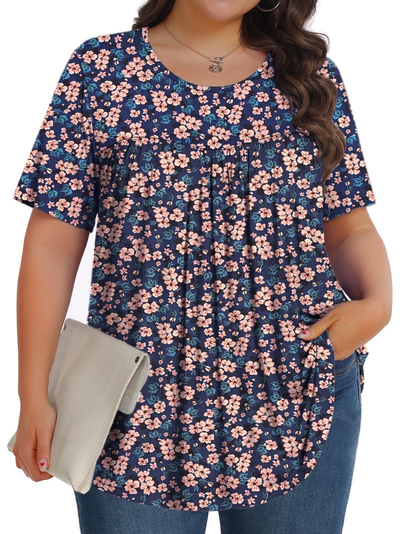 Tencede Womens Plus Size Tops Tunic Short Sleeve Crew Neck Shirts Casual Soft Blouse Blue Four Leaf Flower 3X - Image 1