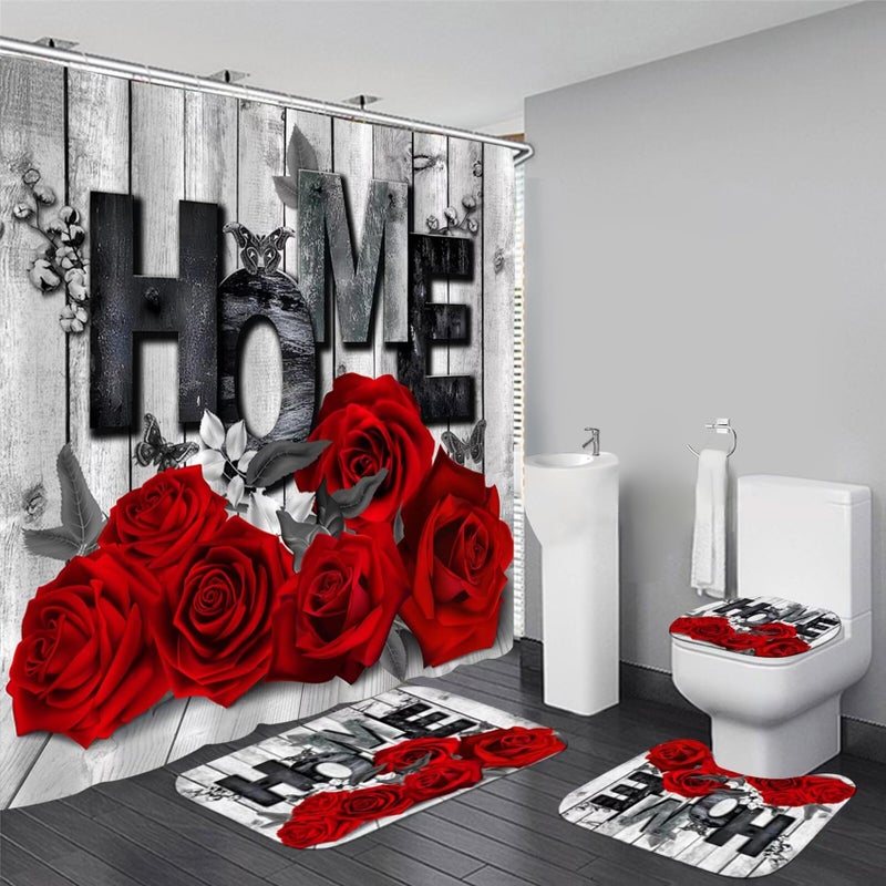 Yddsky Red Rose Valentines 4 Pcs Shower Curtain Sets Non-Slip Rugs Bath Mat Toilet Cover U Shaped Mat Romantic Red Bathroom Decor with 12 Hooks Valentines Day Bathroom Set - Image 1