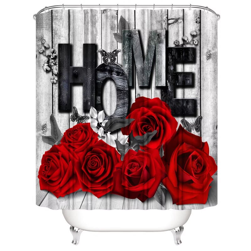Yddsky Red Rose Valentines 4 Pcs Shower Curtain Sets Non-Slip Rugs Bath Mat Toilet Cover U Shaped Mat Romantic Red Bathroom Decor with 12 Hooks Valentines Day Bathroom Set - Image 3