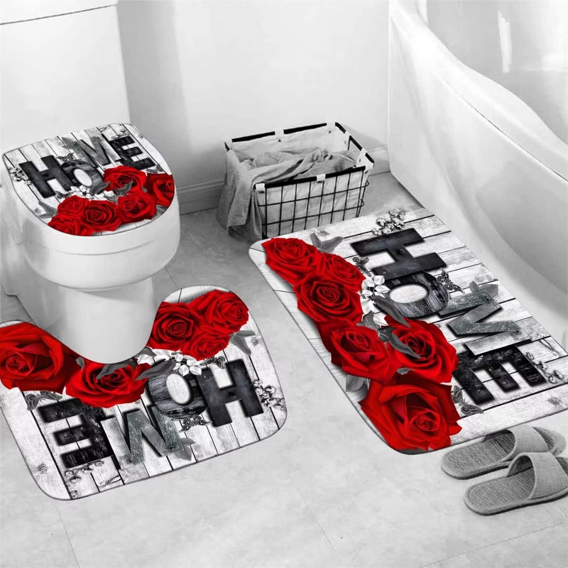 Yddsky Red Rose Valentines 4 Pcs Shower Curtain Sets Non-Slip Rugs Bath Mat Toilet Cover U Shaped Mat Romantic Red Bathroom Decor with 12 Hooks Valentines Day Bathroom Set - Image 4