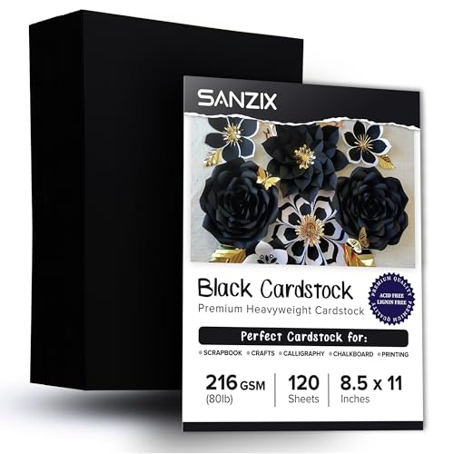 SANZIX 120 Sheets Black Cardstock Paper 8.5 x 11 80lb/216 GSM Cover Card Stock for Invitations, Drawing, Menus, Halloween Decorations, DIY Cards, Scrapbook, Calligraphy | Heavyweight Printer Paper - Image 1