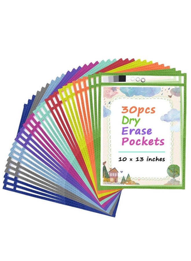Antner 30 حزمة جيوب مسح جاف كبيرة قابلة لإعادة الاستخدام حاملي تذاكر واقيات صفحات بلاستيكية شفافة واقيات صفحات ثقيلة العمل جيوب تنظيم مكتب المعلم في المدرسة 10 ألوان - Image 1