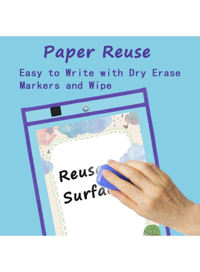 Antner 30 حزمة جيوب مسح جاف كبيرة قابلة لإعادة الاستخدام حاملي تذاكر واقيات صفحات بلاستيكية شفافة واقيات صفحات ثقيلة العمل جيوب تنظيم مكتب المعلم في المدرسة 10 ألوان - Image 2