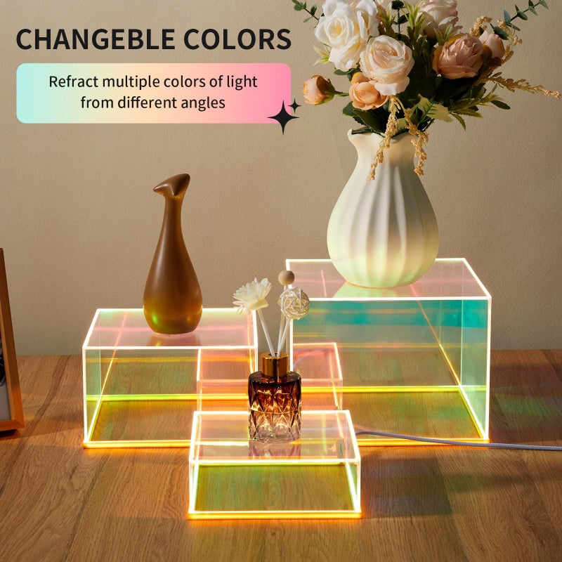 Jolboldy 3Pcs Iridescent Acrylic Display Risers with LED light Plug and Play, Lighted Stackable Acrylic Cube Boxes Stand with Hollow Bottom for Figures Jewelry Perfume Purse Liquor Food Buffet Riser - Image 2