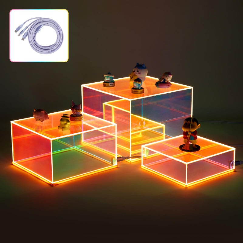 Jolboldy 3Pcs Iridescent Acrylic Display Risers with LED light Plug and Play, Lighted Stackable Acrylic Cube Boxes Stand with Hollow Bottom for Figures Jewelry Perfume Purse Liquor Food Buffet Riser - Image 1