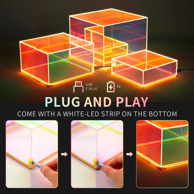 Jolboldy 3Pcs Iridescent Acrylic Display Risers with LED light Plug and Play, Lighted Stackable Acrylic Cube Boxes Stand with Hollow Bottom for Figures Jewelry Perfume Purse Liquor Food Buffet Riser - Image 3