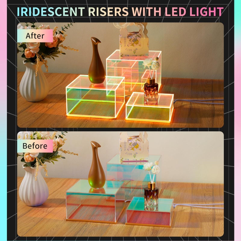 Jolboldy 3Pcs Iridescent Acrylic Display Risers with LED light Plug and Play, Lighted Stackable Acrylic Cube Boxes Stand with Hollow Bottom for Figures Jewelry Perfume Purse Liquor Food Buffet Riser - Image 5