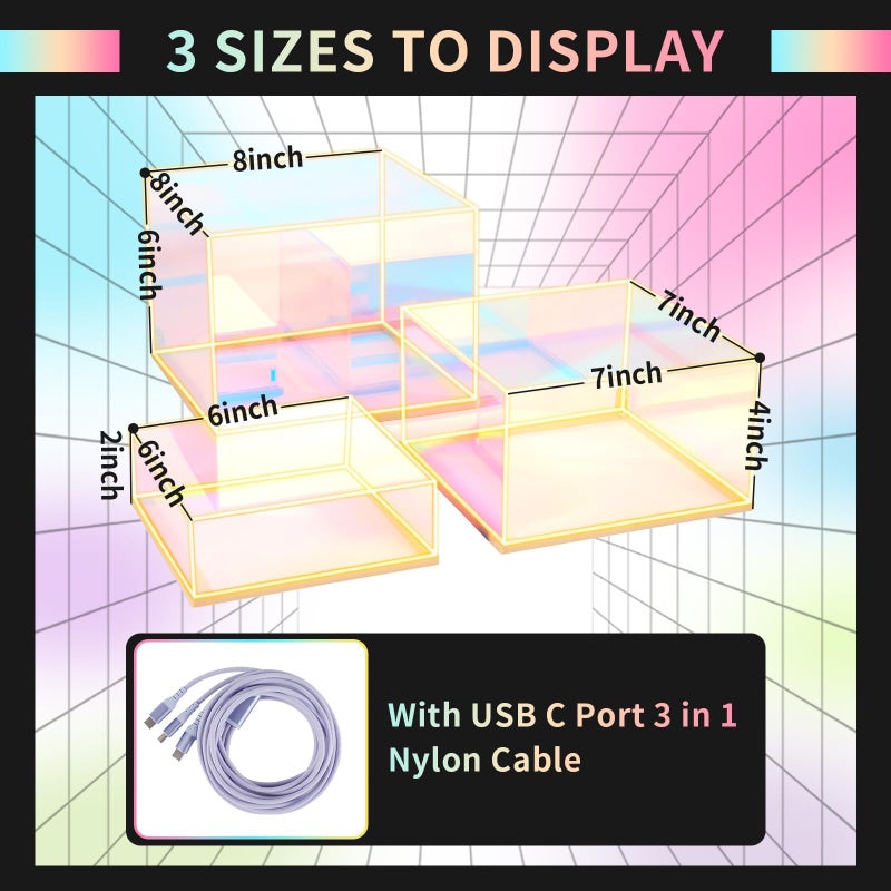 Jolboldy 3Pcs Iridescent Acrylic Display Risers with LED light Plug and Play, Lighted Stackable Acrylic Cube Boxes Stand with Hollow Bottom for Figures Jewelry Perfume Purse Liquor Food Buffet Riser - Image 4