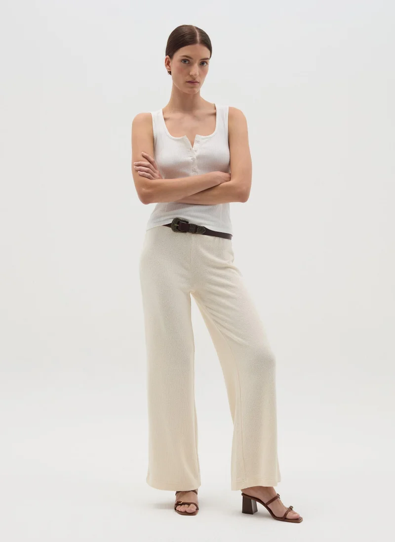 او في اس Cream Knit Palazzo Trousers With Elastic Waist