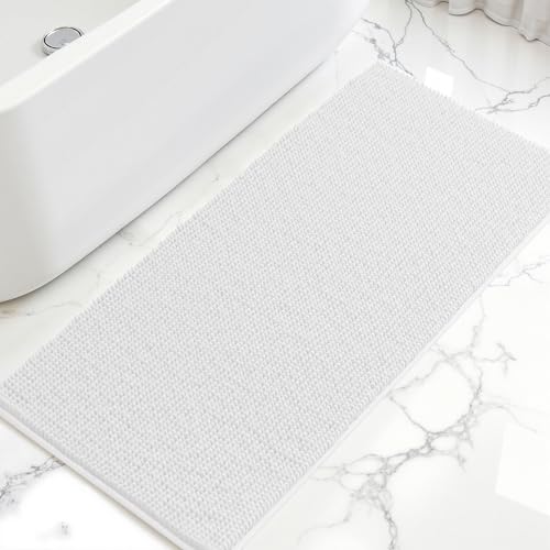 SUBRTEX Bathroom Rugs, 24" x 60" Chenille Bath Rug Soft Short Plush Bath Mat Soft Shower Mat Water Absorbent Shower Mat Quick Dry Machine Washable, White - Image 1