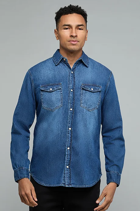 R&B Faded Denim Shirt with Classic Collar and Long Sleeves