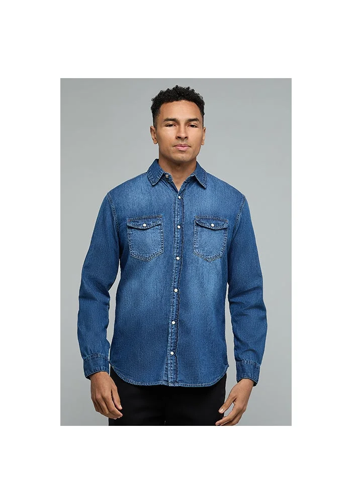 أر أند بي Faded Denim Shirt with Classic Collar and Long Sleeves