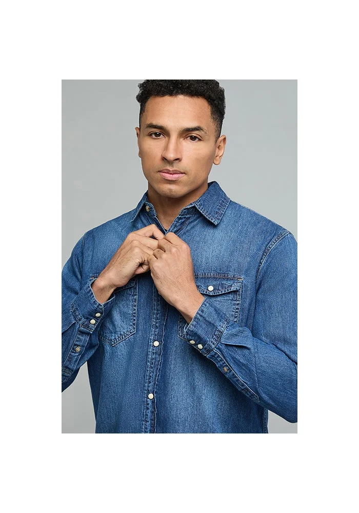 أر أند بي Faded Denim Shirt with Classic Collar and Long Sleeves
