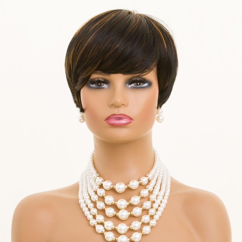 MOONSHOW Short Wigs for Black Women Auburn Brown Pixie Cut Wig Short Pixie Cut Wigs for Women Synthetic Brown Short Pixie Wig for Old Women - Image 3