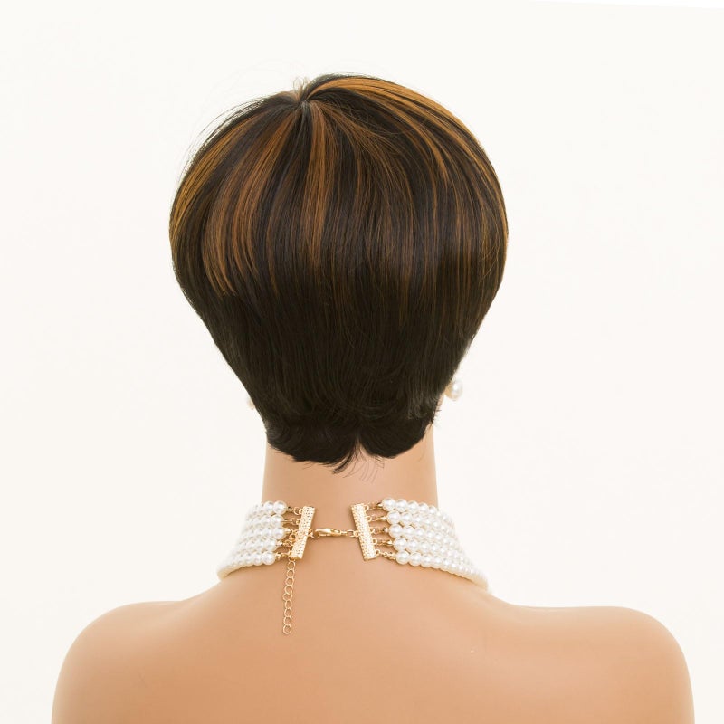 MOONSHOW Short Wigs for Black Women Auburn Brown Pixie Cut Wig Short Pixie Cut Wigs for Women Synthetic Brown Short Pixie Wig for Old Women - Image 5