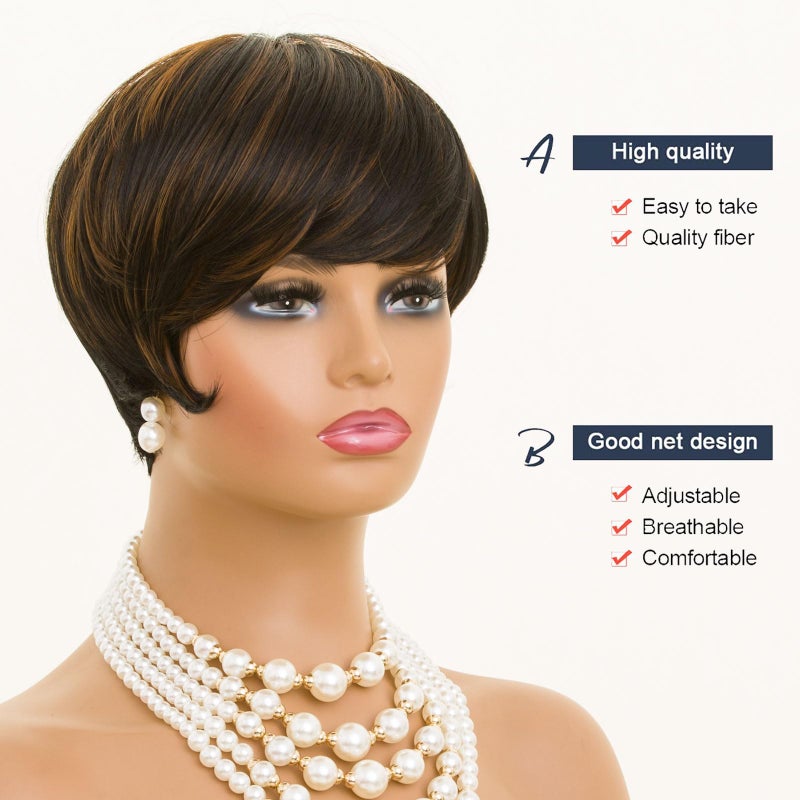 MOONSHOW Short Wigs for Black Women Auburn Brown Pixie Cut Wig Short Pixie Cut Wigs for Women Synthetic Brown Short Pixie Wig for Old Women - Image 2