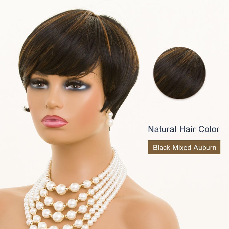 MOONSHOW Short Wigs for Black Women Auburn Brown Pixie Cut Wig Short Pixie Cut Wigs for Women Synthetic Brown Short Pixie Wig for Old Women - Image 4
