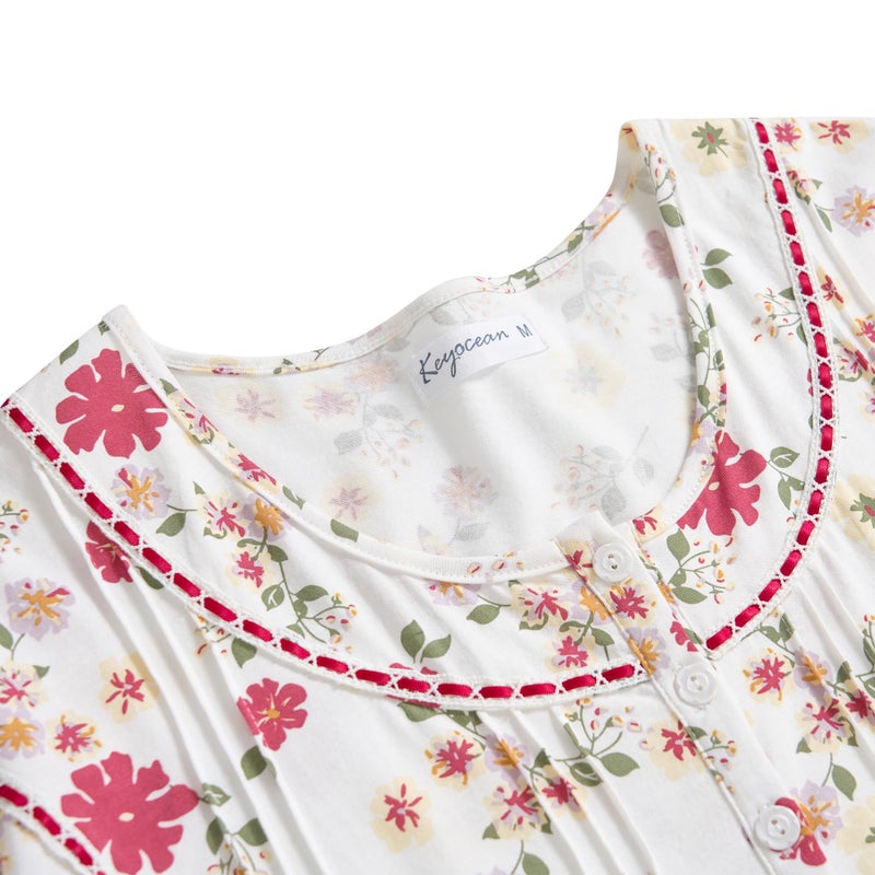 Keyocean Nightgowns for Women, Soft Cotton Comfy Lightweight Short Sleeves Ladies Nightdress, Red Flower, Medium - Image 3