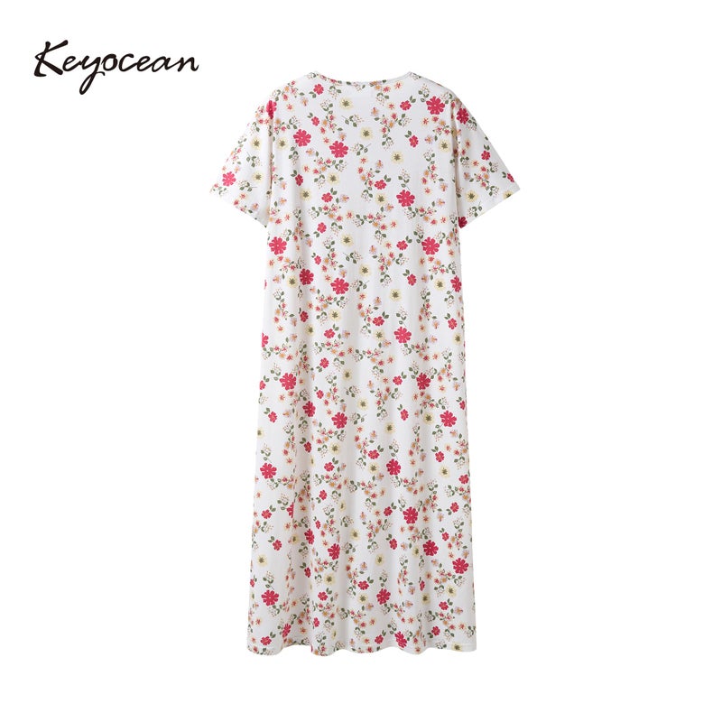 Keyocean Nightgowns for Women, Soft Cotton Comfy Lightweight Short Sleeves Ladies Nightdress, Red Flower, Medium - Image 2