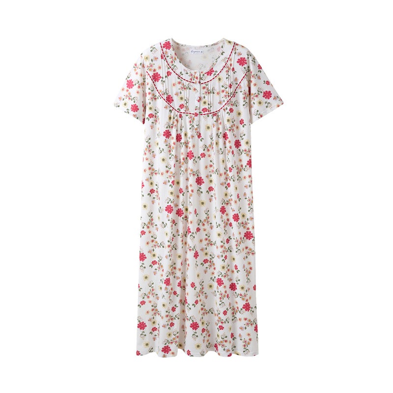 Keyocean Nightgowns for Women, Soft Cotton Comfy Lightweight Short Sleeves Ladies Nightdress, Red Flower, Medium - Image 1