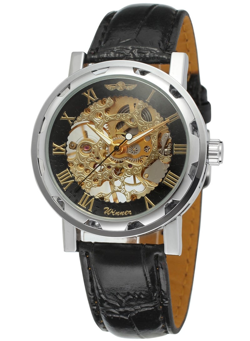 Winner ساعة رجالية، ساعة ميكانيكية هيكلية تعمل باليد بتصميم ستيمبانك للرجال والنساء، أرقام رومانية، حزام جلد PU، علبة فضية وردية ذهبية، ساعة معصم للجنسين