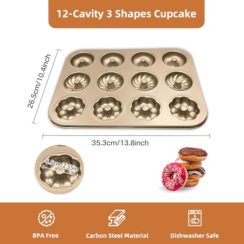 Gurlideo Non-Stick Donut Baking Tray Doughnut Pan 12-Cavity Donut Mold for Muffin, Cake, Dessert Oven Baking Gold - Image 3