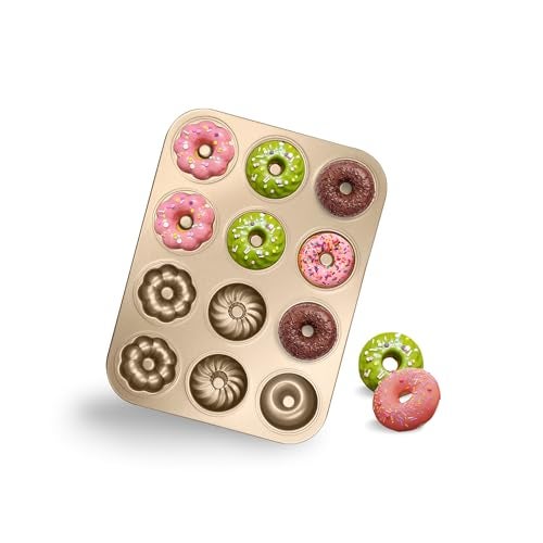 Gurlideo Non-Stick Donut Baking Tray Doughnut Pan 12-Cavity Donut Mold for Muffin, Cake, Dessert Oven Baking Gold - Image 1