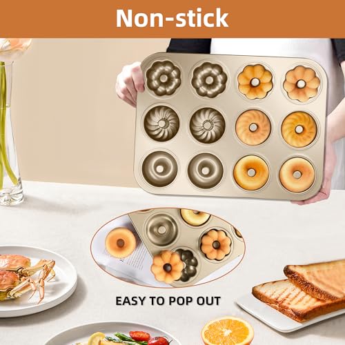 Gurlideo Non-Stick Donut Baking Tray Doughnut Pan 12-Cavity Donut Mold for Muffin, Cake, Dessert Oven Baking Gold - Image 2