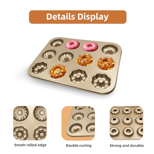 Gurlideo Non-Stick Donut Baking Tray Doughnut Pan 12-Cavity Donut Mold for Muffin, Cake, Dessert Oven Baking Gold - Image 4