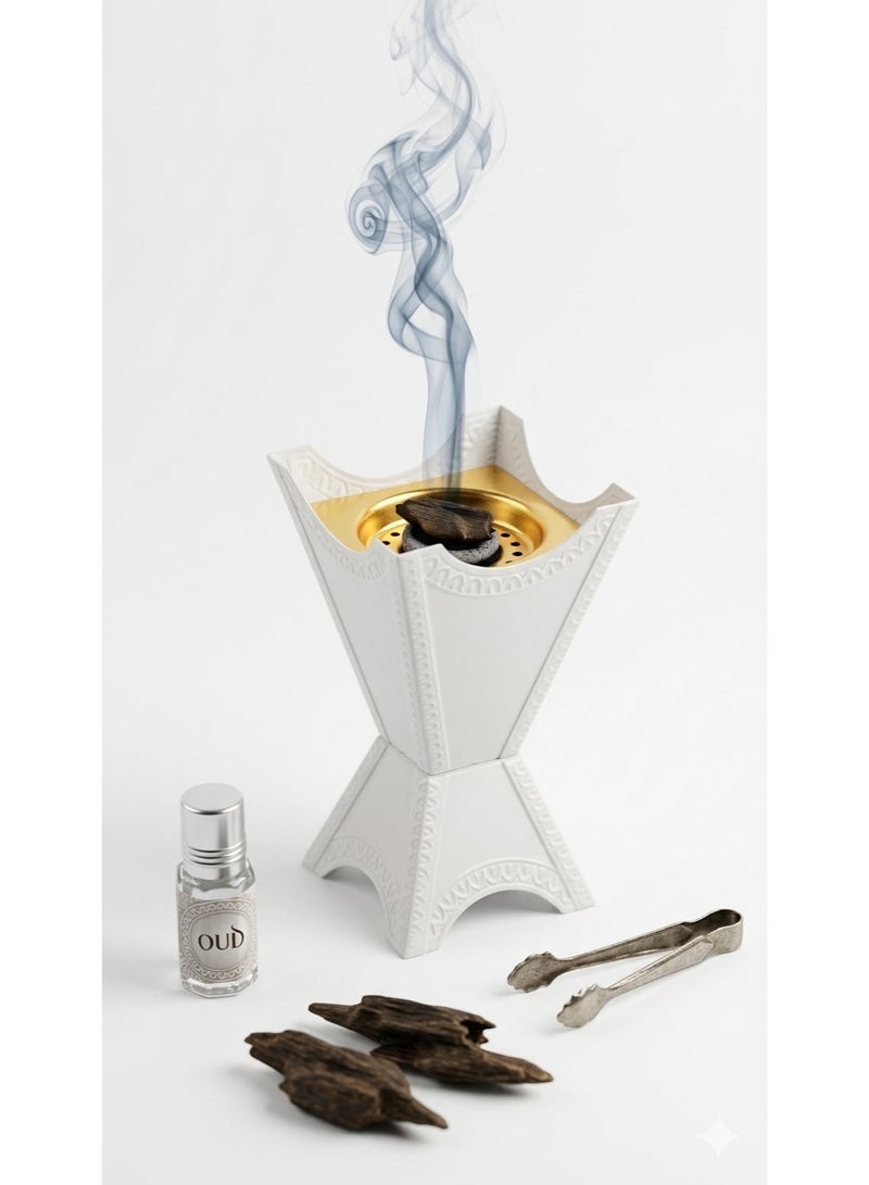 Luxury Modern Incense Burner (Bakhoor) White & Gold - 17cm Elegant Decorative Design - Anti-Slip Base - Perfect for Guest Welcoming & Home Decor. - Image 1