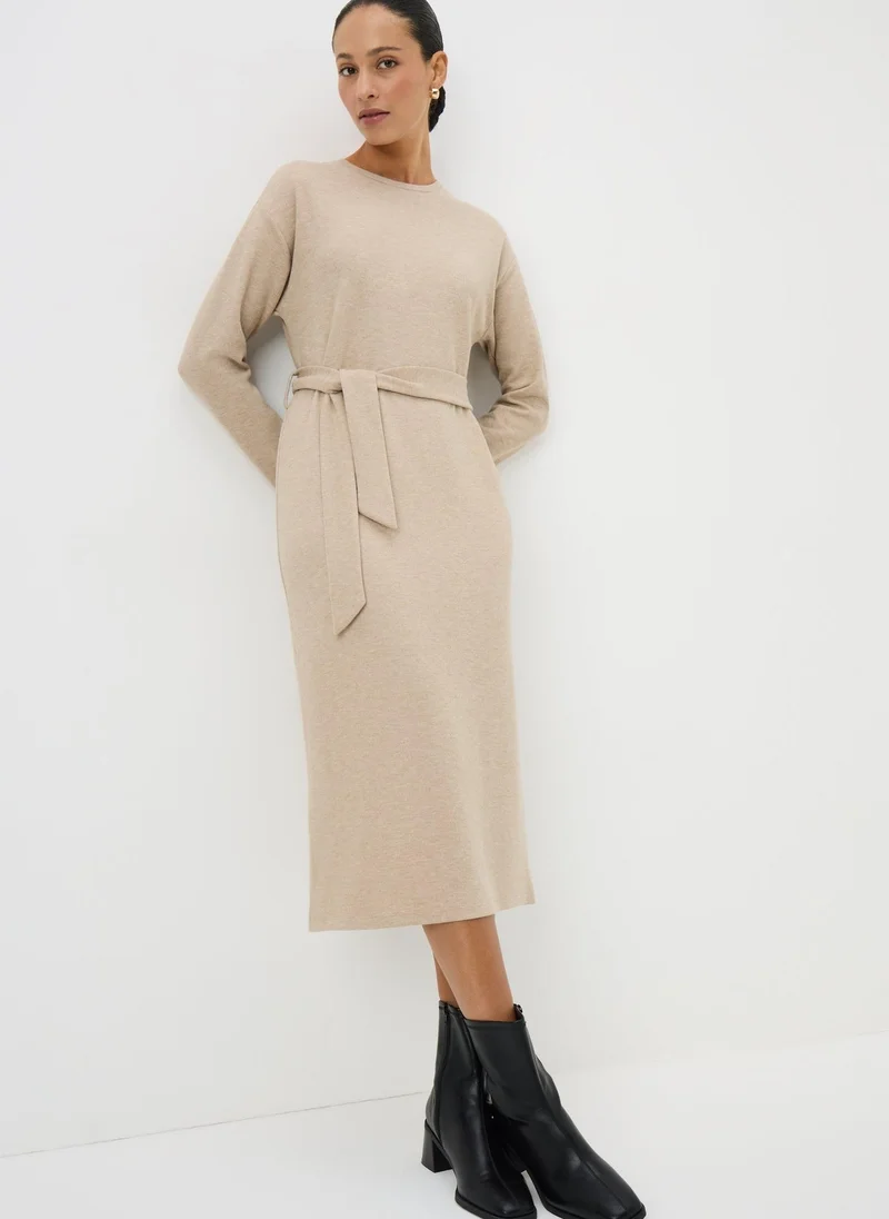 Matalan Beige Belted Ribbed Dress