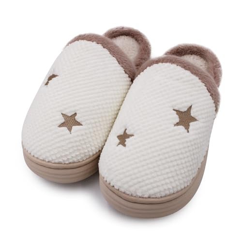 VRITRAZ Women’s Warm Plush Indoor Slippers | Soft Comfortable Anti-Slip Winter Slides | Stylish Home Footwear (White, Size 8) - Image 1