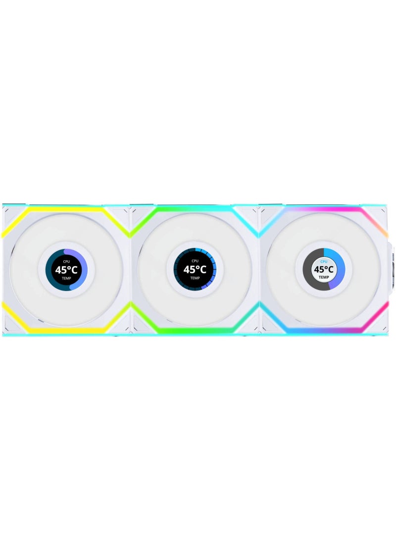 ليان لي مروحة UNI FAN SL اللاسلكية لهيكل الكمبيوتر، مقاس 120 مم، بتدفق هواء عكسي، ARGB، سلسلة مغناطيسية، منطقتان RGB، 300-1900 دورة في الدقيقة، 58.08 قدم مكعب في الدقيقة، 29.5 ديسيبل، محمل ديناميكي مائع، شاشة LCD USB، لون أبيض | 12RSLLCD1W3W - Image 1