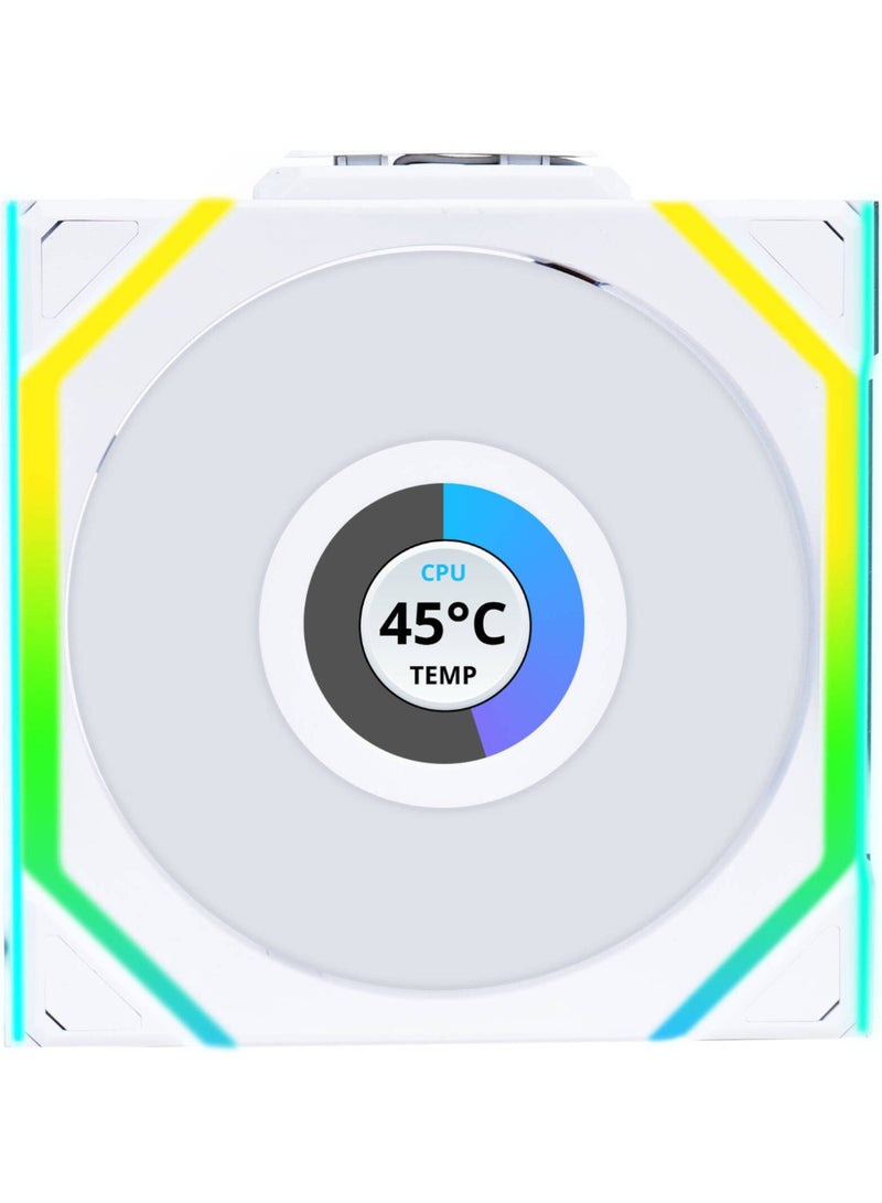 ليان لي مروحة UNI FAN SL اللاسلكية لهيكل الكمبيوتر، مقاس 120 مم، بتدفق هواء عكسي، ARGB، سلسلة مغناطيسية، منطقتان RGB، 300-1900 دورة في الدقيقة، 58.08 قدم مكعب في الدقيقة، 29.5 ديسيبل، محمل ديناميكي مائع، شاشة LCD USB، لون أبيض | 12RSLLCD1W3W - Image 3