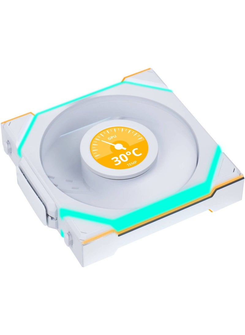 ليان لي مروحة UNI FAN SL اللاسلكية لهيكل الكمبيوتر، مقاس 120 مم، بتدفق هواء عكسي، ARGB، سلسلة مغناطيسية، منطقتان RGB، 300-1900 دورة في الدقيقة، 58.08 قدم مكعب في الدقيقة، 29.5 ديسيبل، محمل ديناميكي مائع، شاشة LCD USB، لون أبيض | 12RSLLCD1W3W - Image 4