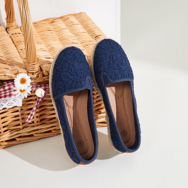 BABUDOG Women's Flats with Flower Embroideried,White Lace Ballet Flats,Comfortable Dress Flats(Navy Blue.US9) - Image 3