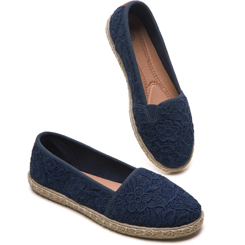 BABUDOG Women's Flats with Flower Embroideried,White Lace Ballet Flats,Comfortable Dress Flats(Navy Blue.US9) - Image 1