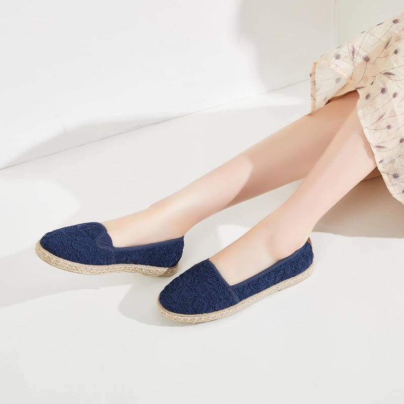 BABUDOG Women's Flats with Flower Embroideried,White Lace Ballet Flats,Comfortable Dress Flats(Navy Blue.US9) - Image 2