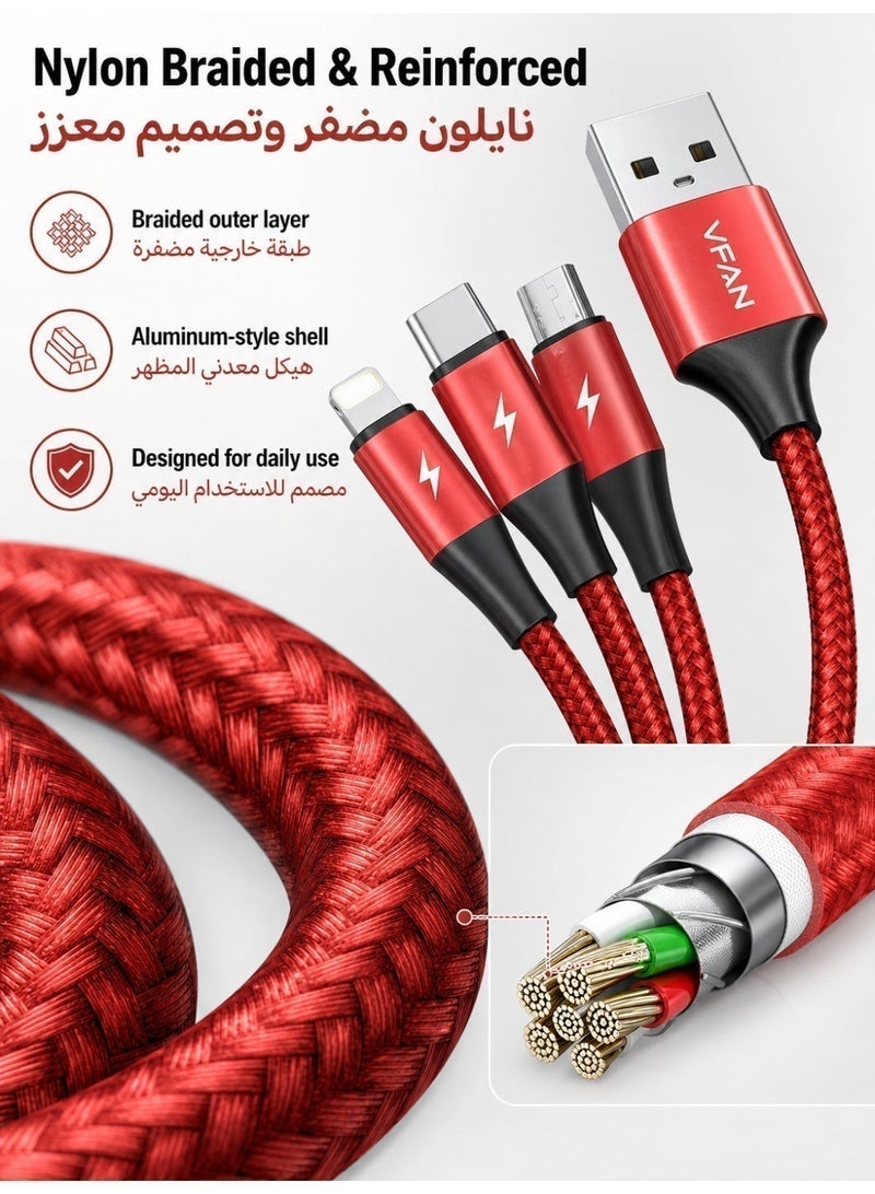 VFAN 3 In 1 Charging Cable、Multi Charging Cable、1.5m、3.5A、USB A、Lightning、Type C、Micro USB、Nylon Braided、Red - Image 4