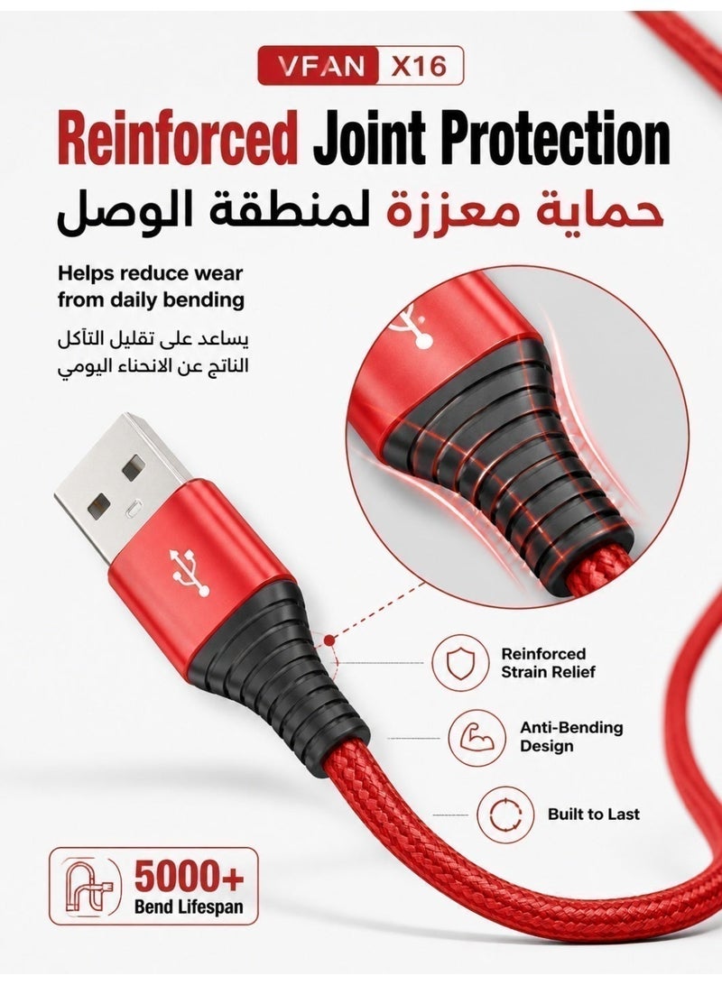 VFAN 3 In 1 Charging Cable、Multi Charging Cable、1.5m、3.5A、USB A、Lightning、Type C、Micro USB、Nylon Braided、Red - Image 5