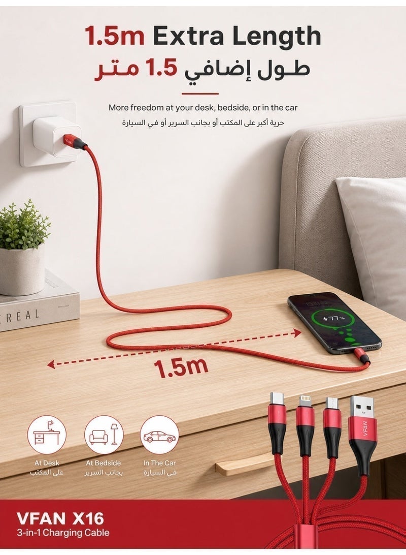 VFAN 3 In 1 Charging Cable、Multi Charging Cable、1.5m、3.5A、USB A、Lightning、Type C、Micro USB、Nylon Braided、Red - Image 3