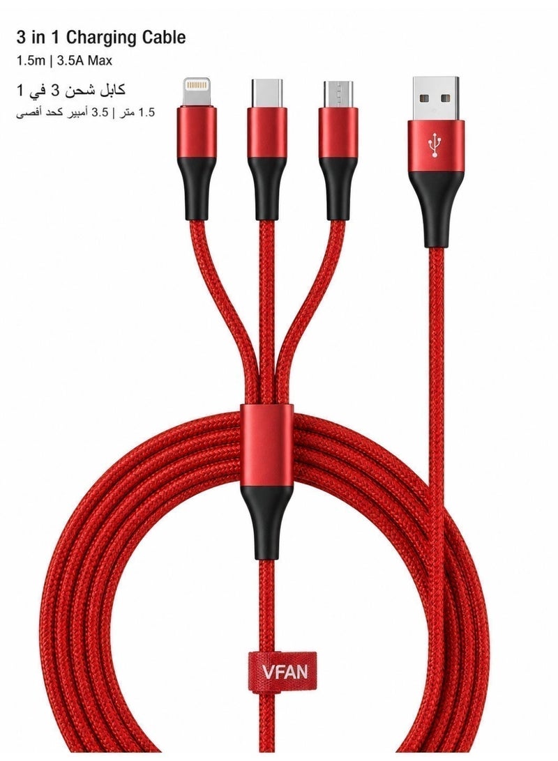 VFAN 3 In 1 Charging Cable、Multi Charging Cable、1.5m、3.5A、USB A、Lightning、Type C、Micro USB、Nylon Braided、Red - Image 1