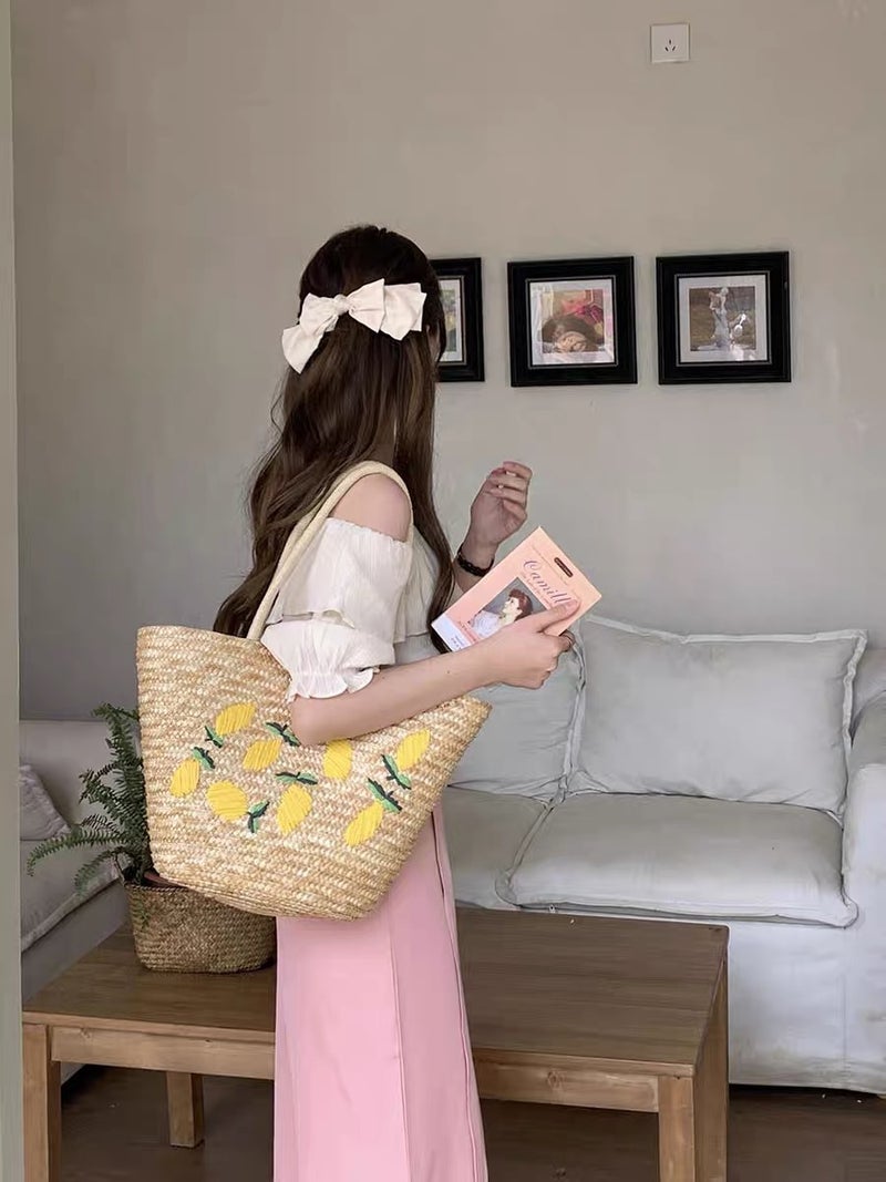 New Hand-Woven Straw Bag Fresh Mango Embroidered Straw Bag Tote Bag Handbag Large Capacity Shoulder Bag For Women - Image 2