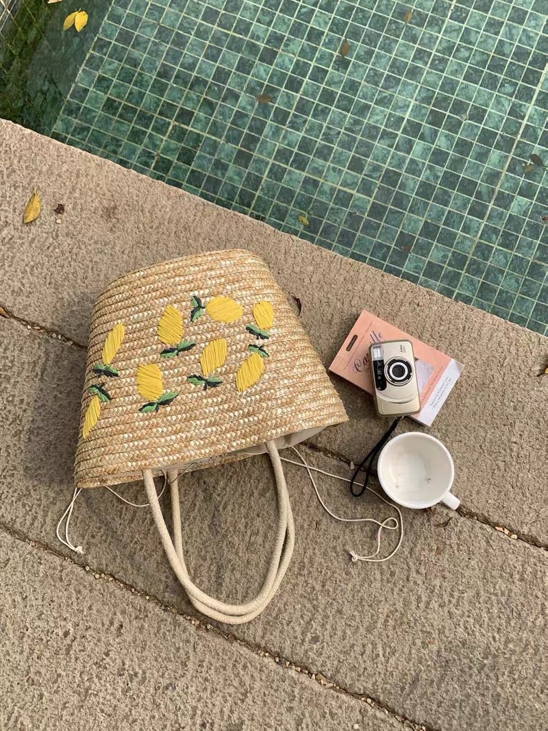New Hand-Woven Straw Bag Fresh Mango Embroidered Straw Bag Tote Bag Handbag Large Capacity Shoulder Bag For Women - Image 3