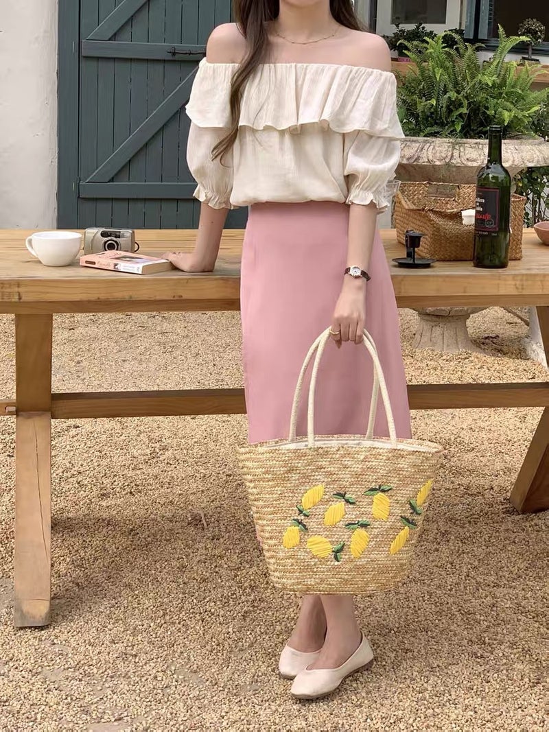 New Hand-Woven Straw Bag Fresh Mango Embroidered Straw Bag Tote Bag Handbag Large Capacity Shoulder Bag For Women - Image 5