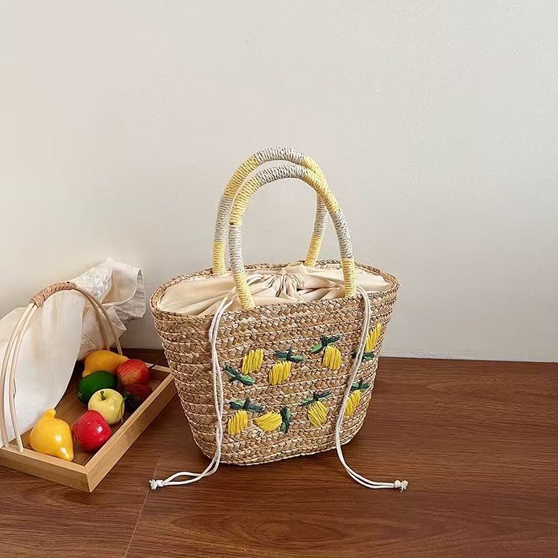New Hand-Woven Straw Bag Fresh Mango Embroidered Straw Bag Tote Bag Handbag Large Capacity Shoulder Bag For Women - Image 1