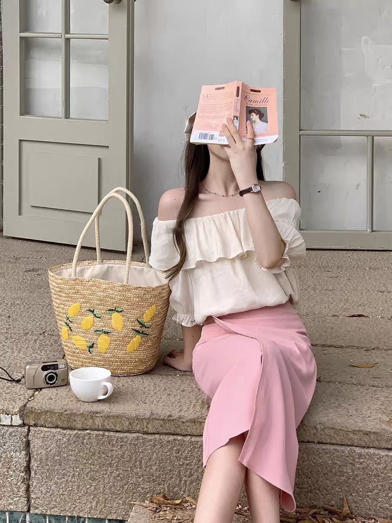 New Hand-Woven Straw Bag Fresh Mango Embroidered Straw Bag Tote Bag Handbag Large Capacity Shoulder Bag For Women - Image 4