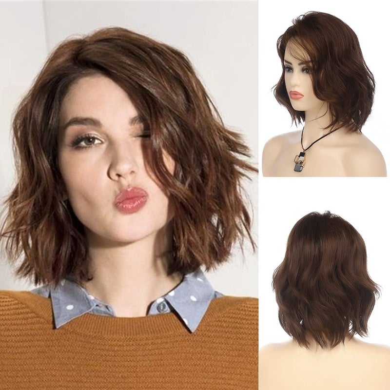 Wiwige Short Wavy Brown Bob Wig for Women Synthetic Heat Resistant Side Part Halloween Cosplay Wig - Image 1