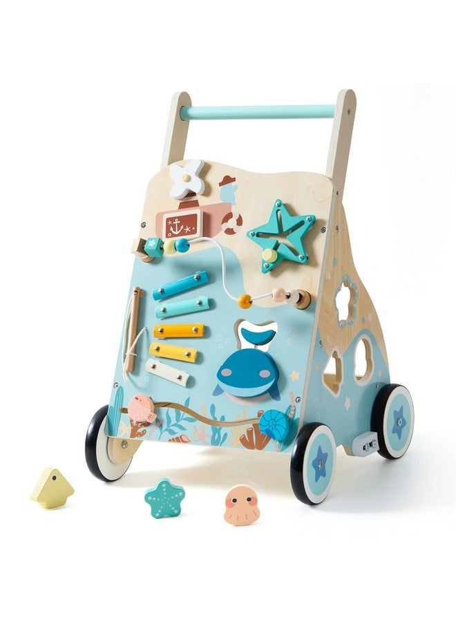 ROBOTIME Wooden Baby Push Walker, Ocean-Themed Wooden Baby Walker with Wheels, Sit-to-Stand Activity Center, Push Toy for Toddlers, for Boys and Girls - Image 1