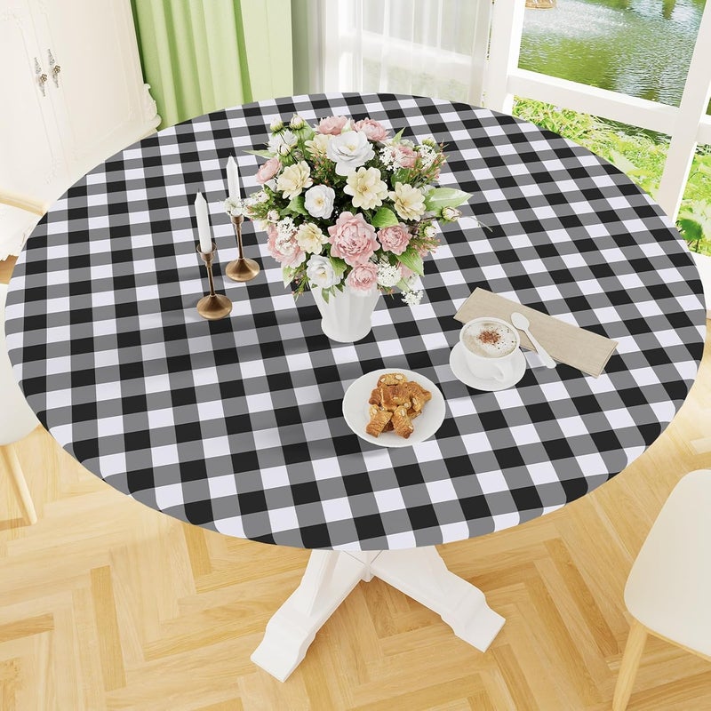 smiry Round Picnic Table Cloth, Elastic Waterproof Fitted Vinyl Tablecloth for 31"-35" Tables, Flannel Backed Buffalo Plaid Table Covers for Dining, Camping, Outdoor, White and Black - Image 1